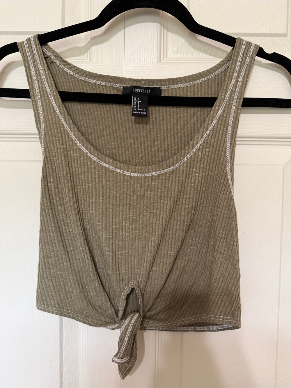 Forever 21 Olive Ribbed Tie-Front Crop Tank Top